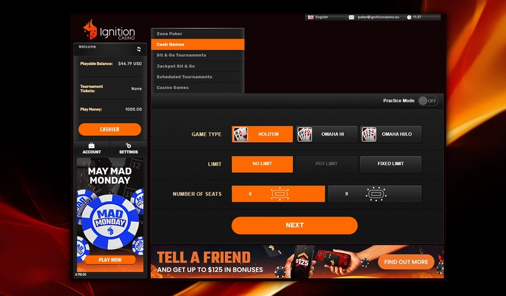 Ignition Casino website showing the games section in the Poker Software.