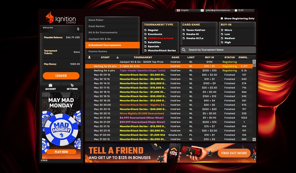 Ignition Casino interface showing the tournament lobby with various tournament options listed and registration status.