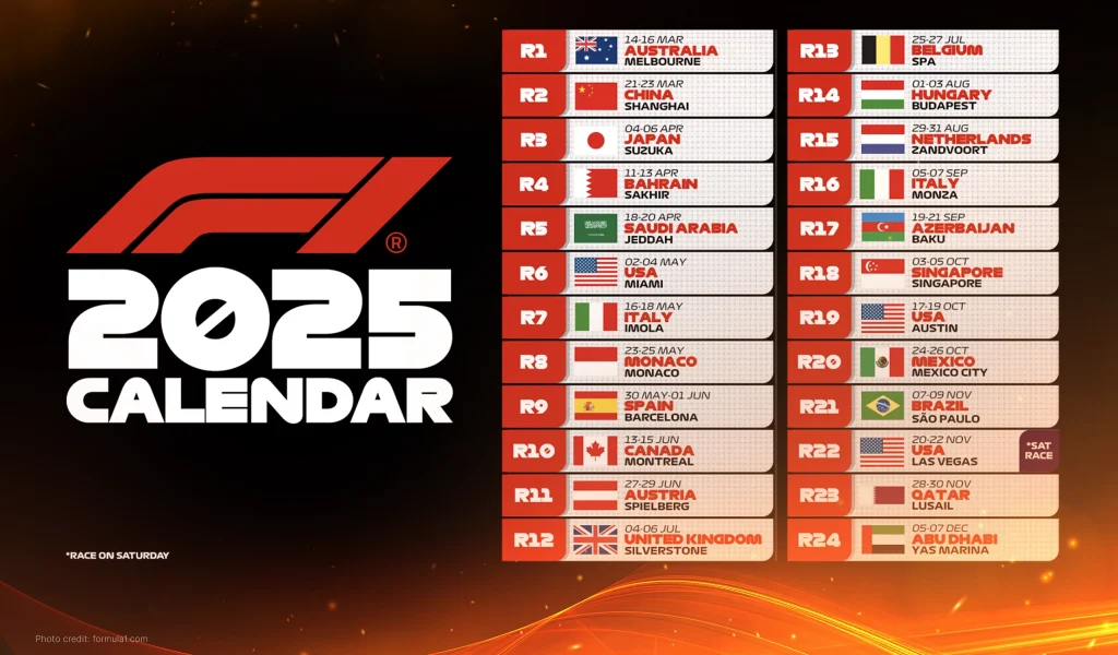 The Formula 1 2025 calendar listing 24 races with dates, locations, and national flags on a fiery-themed background.