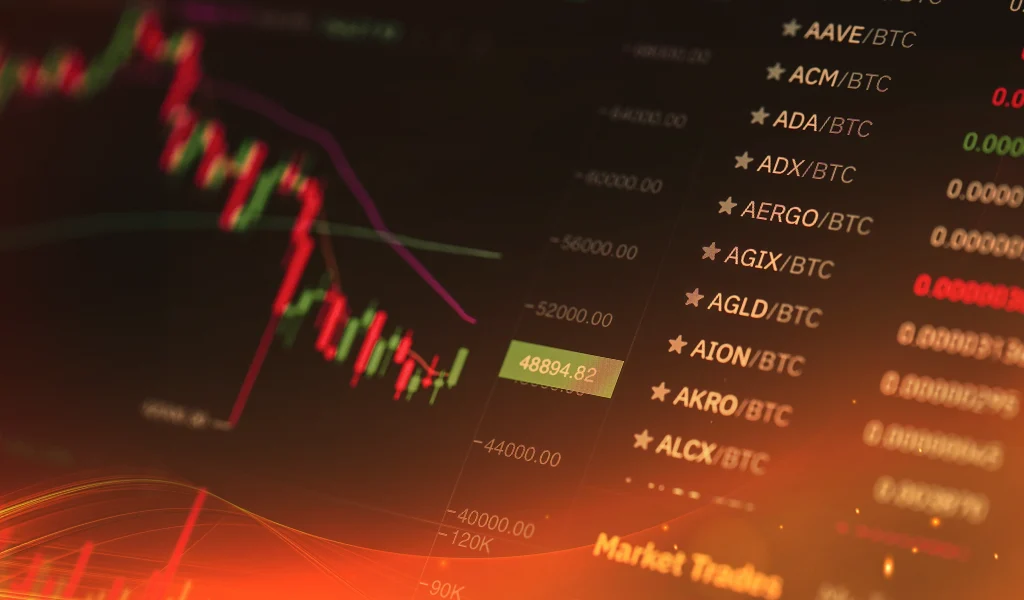 Cryptocurrency market chart with rising and falling graphs, showing digital trading activity in vivid red and green.