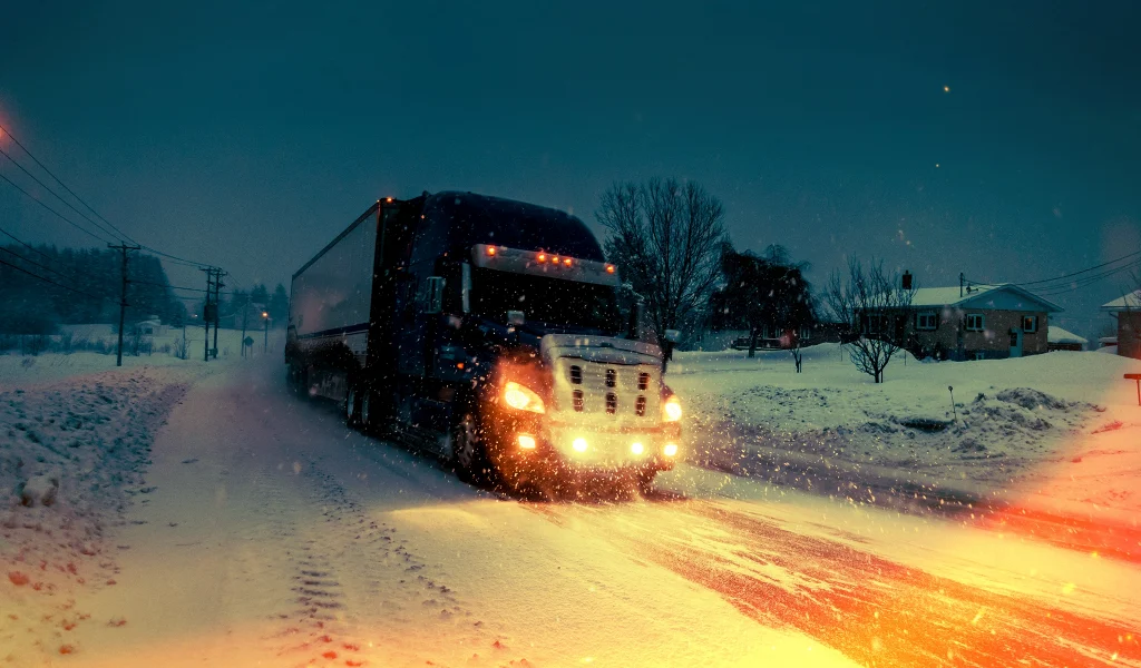 A large blue semi-truck driving through heavy snow on a rural road, headlights cutting through the storm.