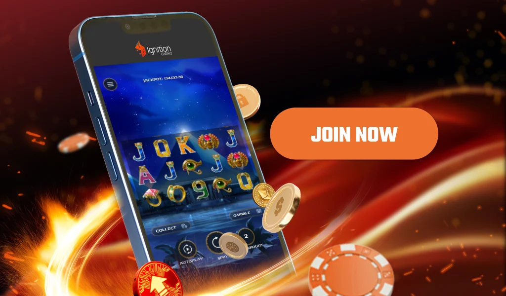 A smartphone screen showing an online casino game with floating gold coins and a bold "Join Now" call-to-action button.