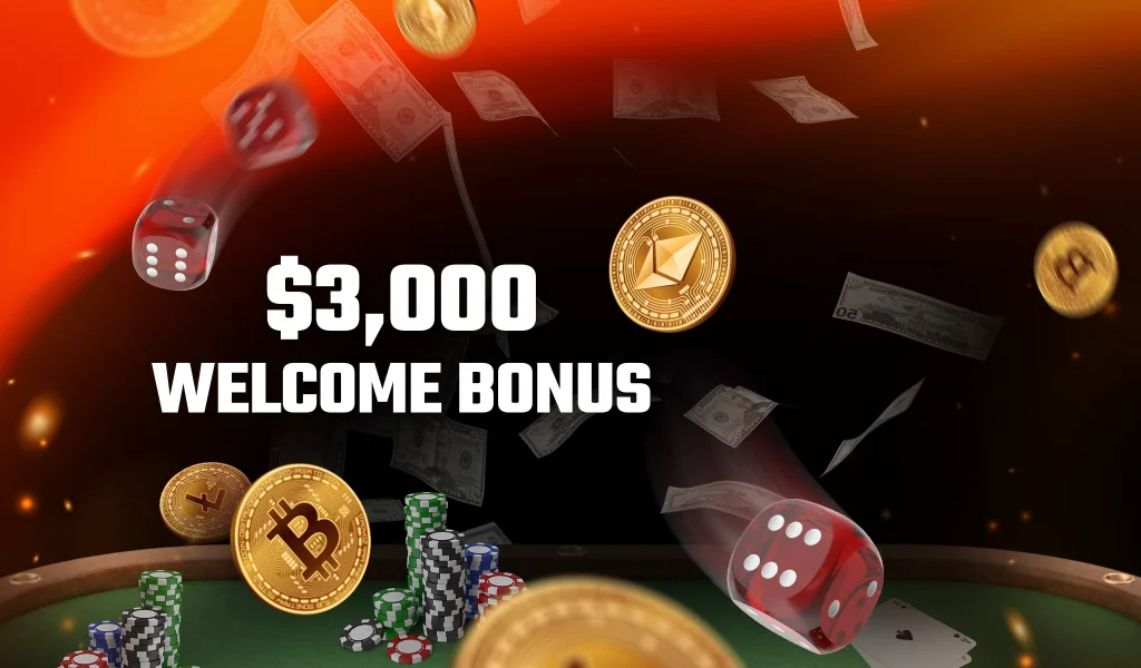 A casino table with poker chips, dice, and floating cryptocurrency coins, with a glowing "$3,000 Welcome Bonus" text in bold letters.