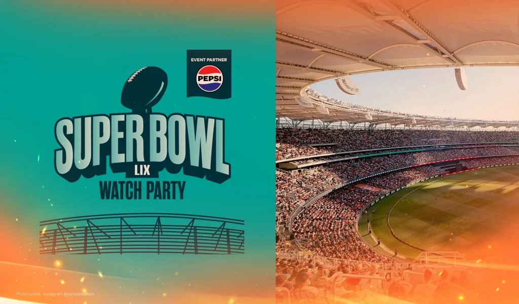 A promotional graphic for a Super Bowl LIX watch party, featuring the event partner Pepsi logo on the left and a stadium full of fans on the right.