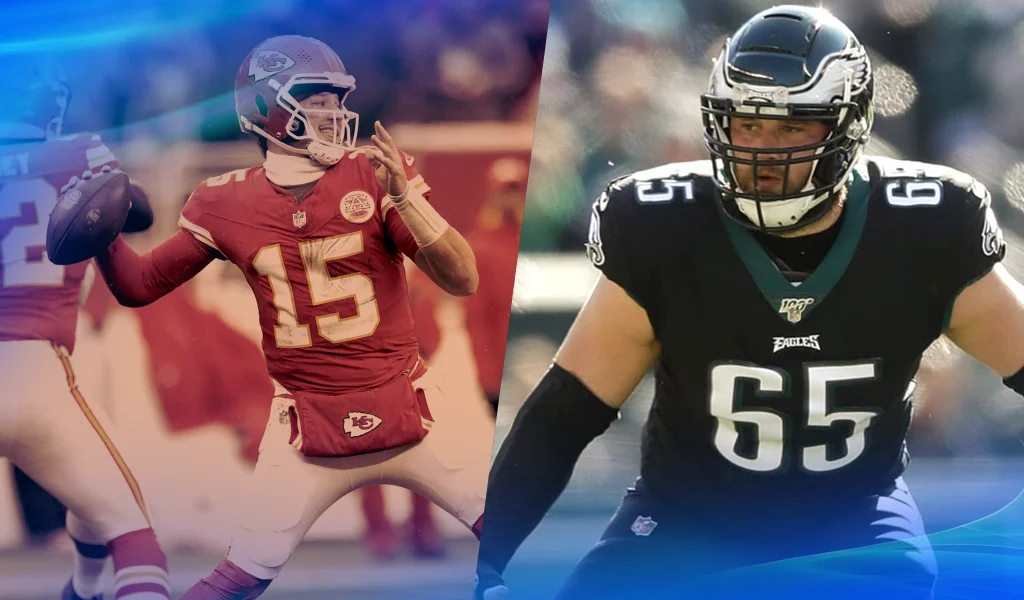 Split-screen image of a Kansas City Chiefs quarterback mid-throw on the left and a Philadelphia Eagles offensive lineman preparing to block on the right.