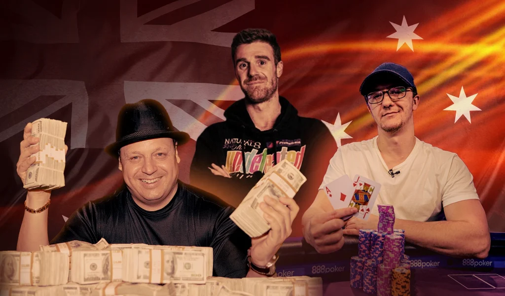 A collage featuring Michael Addamo, Kahle Burns, and Joe Hachem with poker chips and cash, set against flags.