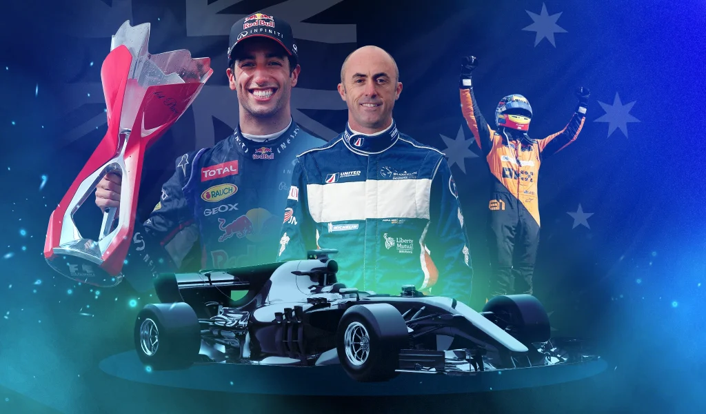 A collage featuring Daniel Ricciardo holding a trophy, Mark Webber, and a Formula 1 car with the Australian flag in the background.