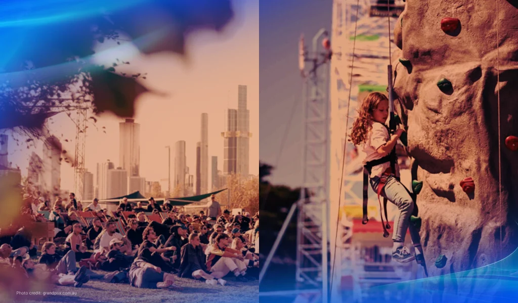 Split view of a relaxing crowd near Melbourne’s skyline and a child climbing a rock wall at the Australian Grand Prix.