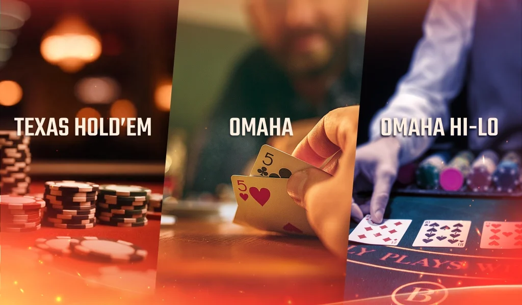 Three poker variants: Texas Hold'em with chips, Omaha with a player holding fives, and Omaha Hi-Lo at a casino table.