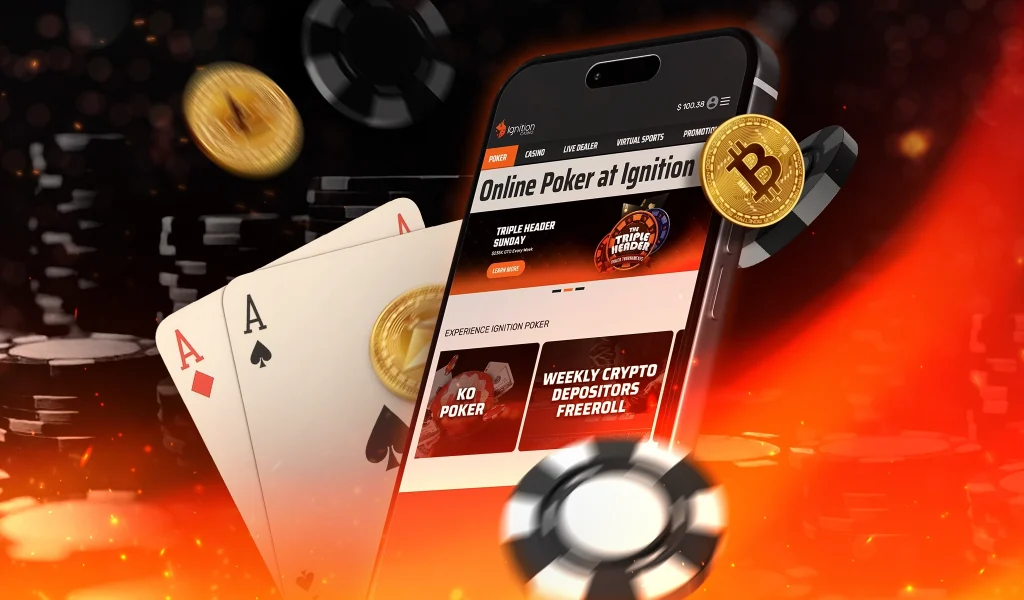 A smartphone showing Ignition Poker, with poker chips, gold coins, a Bitcoin logo, and a pair of aces in the foreground.