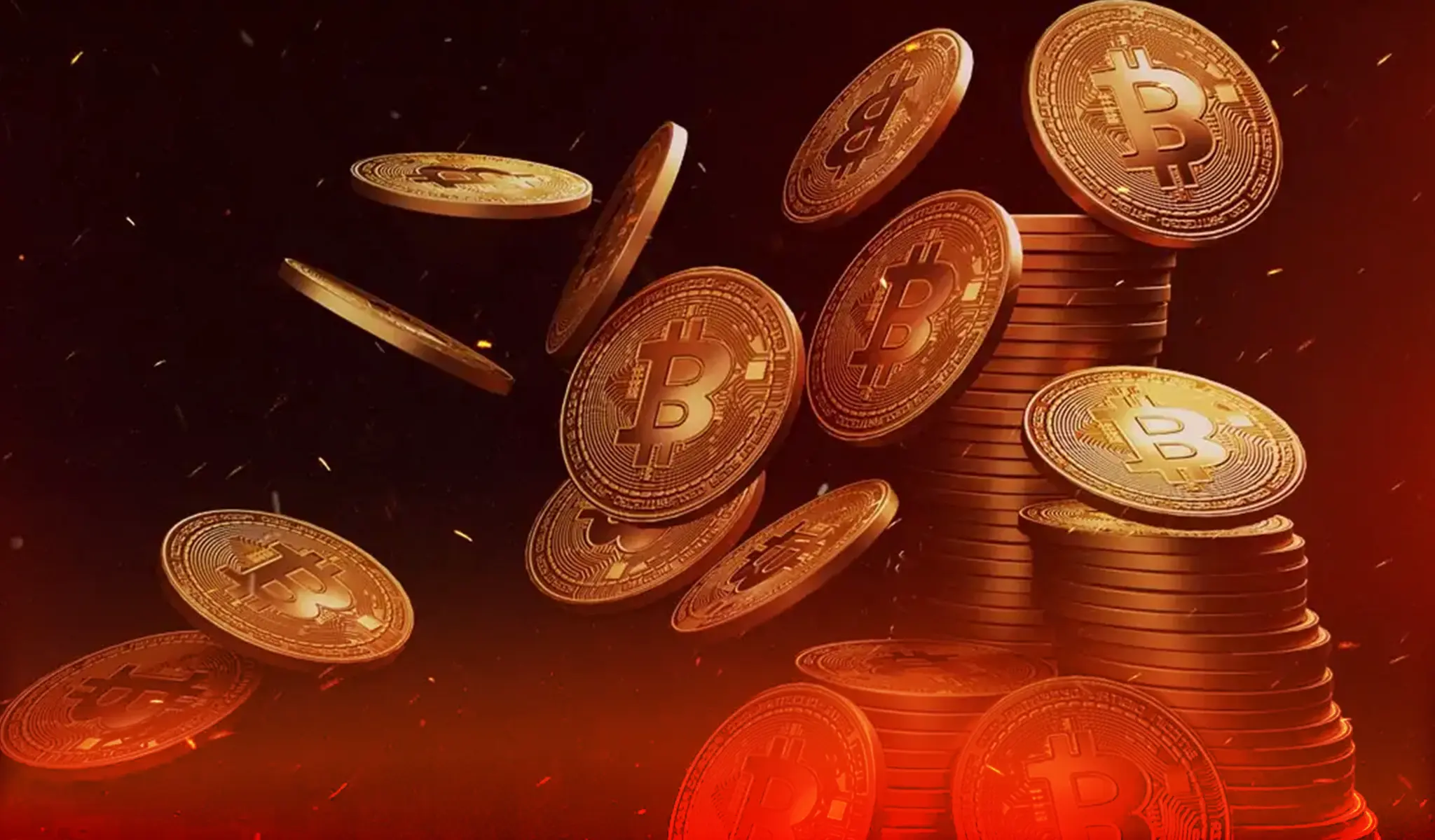 Bitcoin coins falling with a stack on a fiery red and black background.