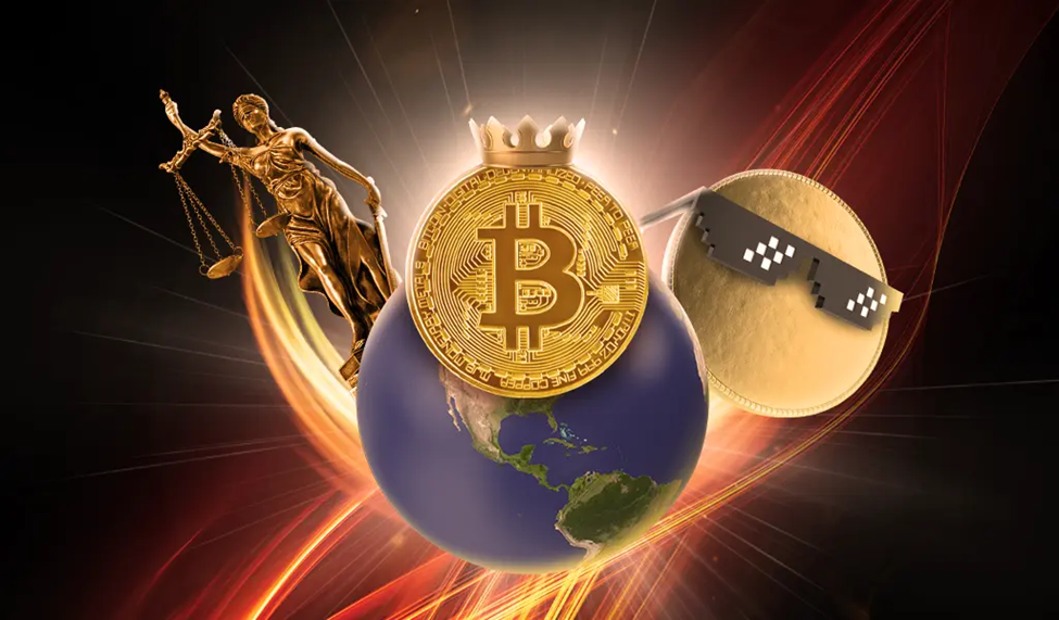 Statue of Justice beside a crowned Bitcoin over a globe and dark shades on a coin.