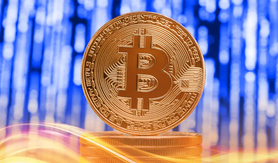Bitcoin on a reflective surface with blue digital background and orange glow