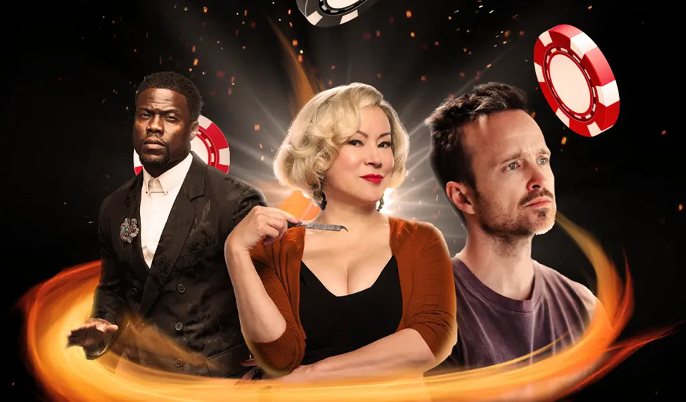 Entertainment celebrities Kevin Hart, Jennifer Tilly and Aaron Paul with casino chips and dynamic orange streaks on a black background