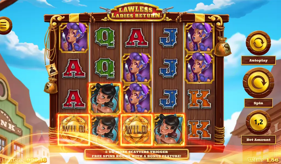 Lawless Ladies Hot Drop Jackpot slot game at Ignition Casino wild west 5 columns 4 rows reels with A, Q, K and outlaw ladies symbols