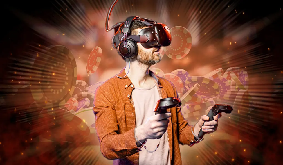 Man in VR headset with game controllers, gaming chips and roulette graphics overlay, in a dynamic, light-streaked setting.