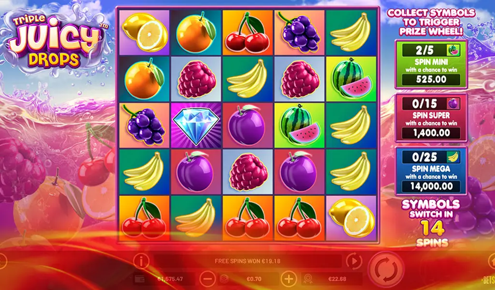 Bright and colorful fruit slot game, Triple Juicy Drops, with bonus wheels at Ignition Casino. Spin for a juicy jackpot.