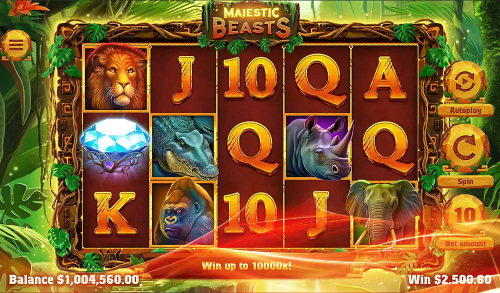 Jungle-themed Majestic Beasts slot at Ignition Casino, featuring lions and gorillas. Play now for a wild win!
