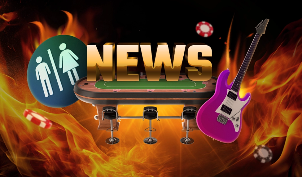 Poker news banner with a flaming background featuring a poker table, a restroom sign, and a pink guitar.