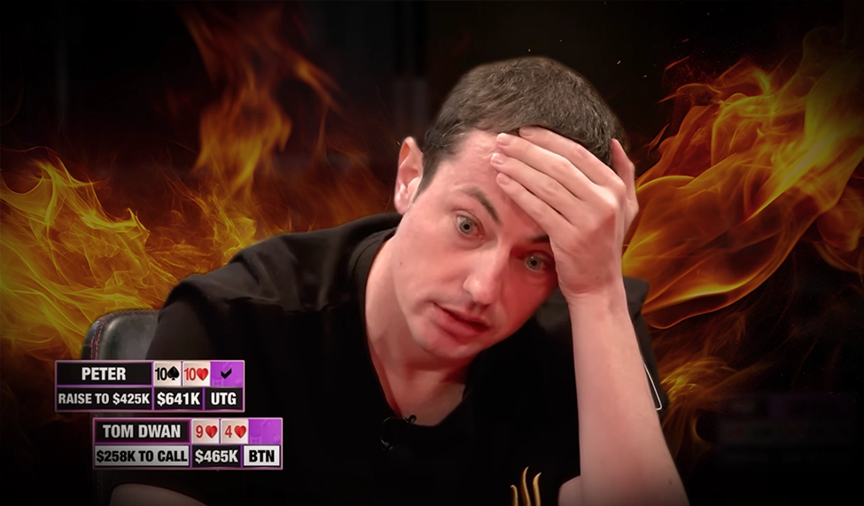 A poker game scene with a player named Tom Dwan looking stressed, with flames in the background.