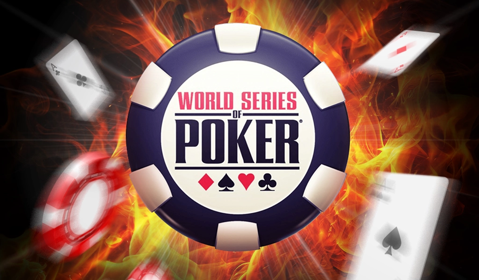 World Series of Poker logo with poker chips and playing cards on a fiery background.