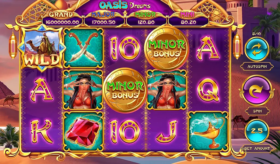 Oasis Dreams slot game graphic featuring Hold and Spin feature with grand, major, minor and mini jackpots, and symbols like wilds, genie lamps, and sparkling gems set against a desert backdrop.