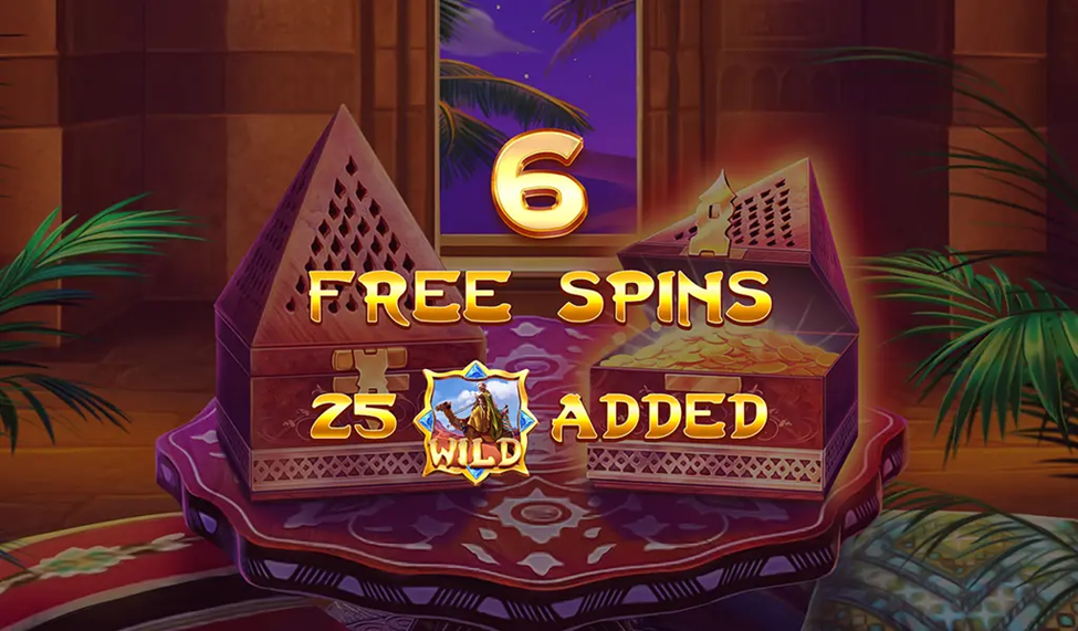 Oasis Dreams Game graphic announcing 6 free spins with an additional 25 wilds, featuring a pyramid chest against a twilight desert oasis scene.