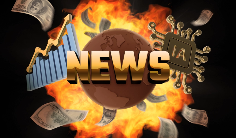 News banner with a globe, stock market chart, AI chip, and flying dollar bills on a fiery background.