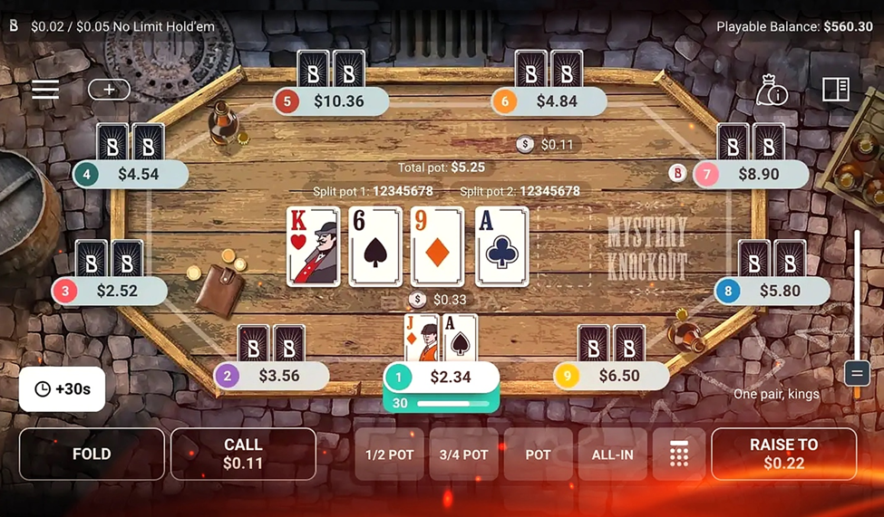 Screenshot of Ignition Mystery Knockout Tournament poker game with cards and player bets displayed on a wooden table.