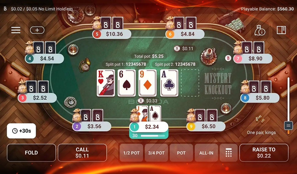 Screenshot of Ignition Mystery Knockout Tournament poker game with cards and player bets displayed on a green table.