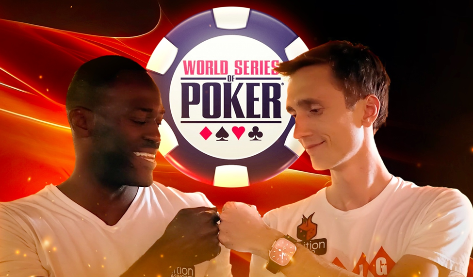 Crazy Sixes (Shaundle Pruitt) on the left and Casino King (Matt Gothard) on the right, fist bumping with the World Series of Poker logo in the background.