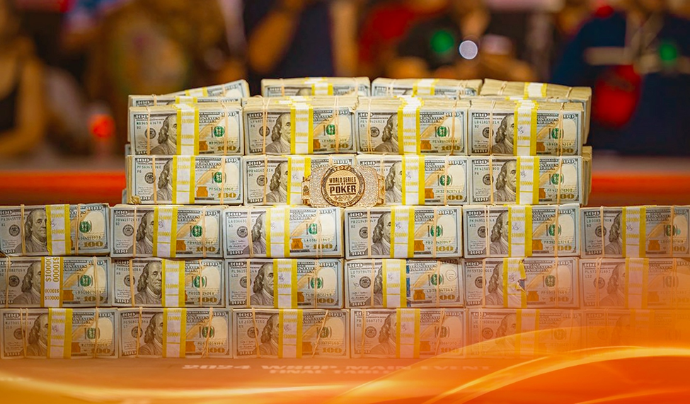 A large stack of bundled $100 bills with the World Series of Poker logo in the center.