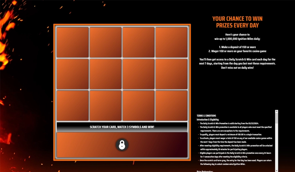 Screenshot of the Ignition Casino scratch card game, showing a grid of orange squares and text explaining the daily Scratch and Win at Ignition.