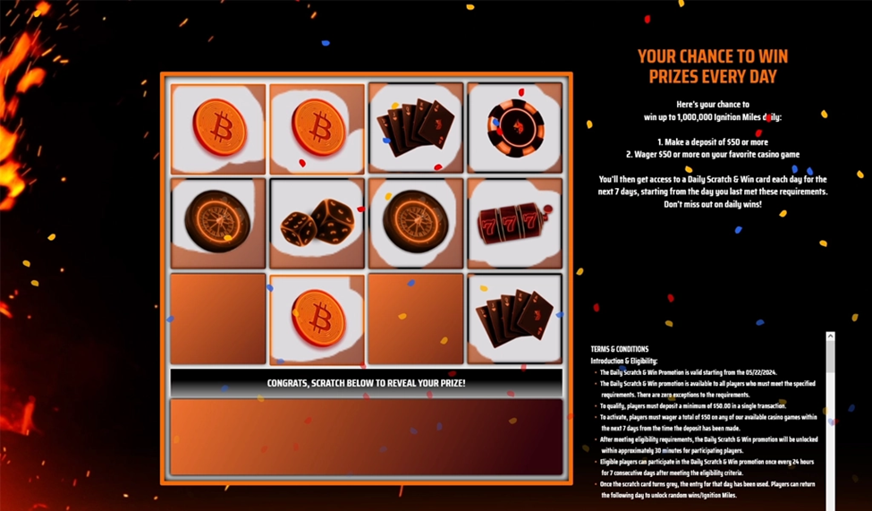 Screenshot of the Ignition Casino scratch card game with symbols revealed, including Bitcoin icons, dice, and cards, indicating a win.