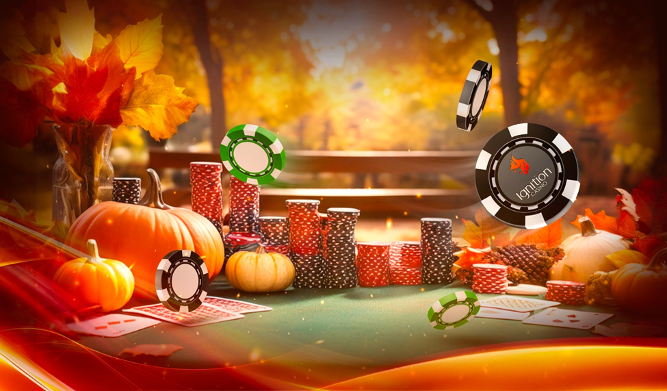 A festive poker table with chips and cards, surrounded by autumn leaves, pumpkins, and warm lighting.