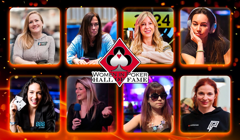 Collage of women in the Poker Hall of Fame, featuring eight notable female poker players with the 'Women in Poker Hall of Fame' logo in the center.