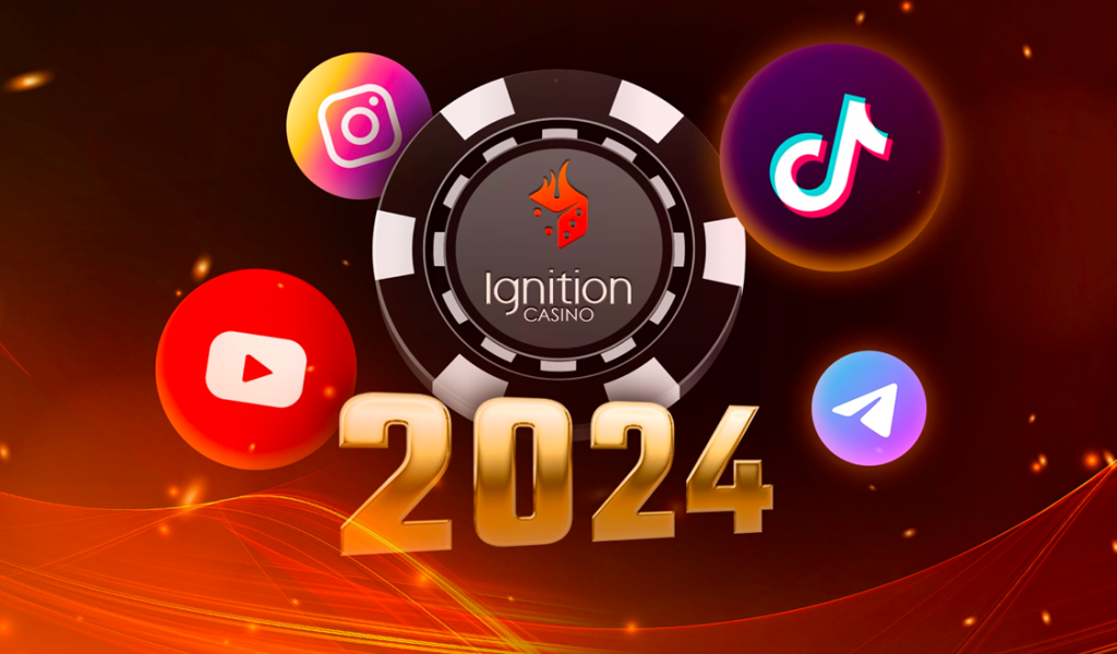 Ignition Casino logo on a poker chip with vibrant icons for Instagram, TikTok, YouTube, and Telegram surrounding the text '2024.