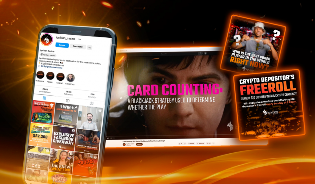 A smartphone displaying Ignition social media Instagram account alongside promotional banners for card counting, crypto depositor's freeroll, and poker players.