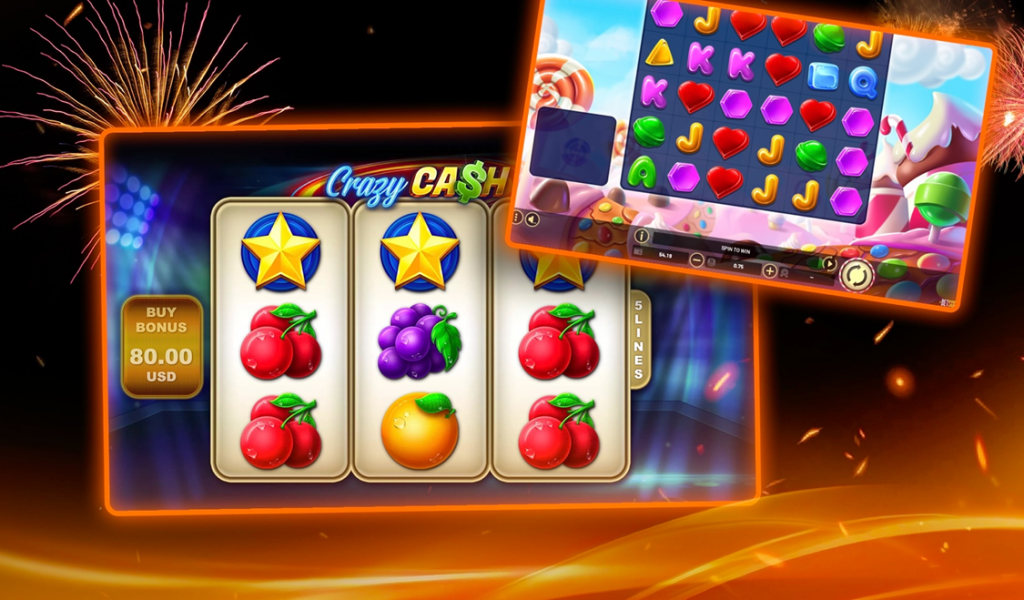 Two featured slot games on Ignition Casino, including Crazy Cash and a candy-themed game, with festive fireworks lighting the background.