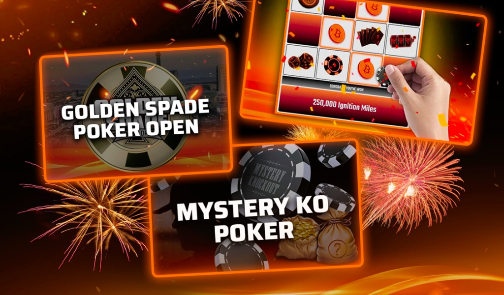 Highlights of Ignition Casino promotions featuring Golden Spade Poker Open and Mystery KO Poker, set against a backdrop of fireworks.