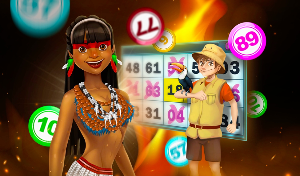 Amazonian woman and young explorer with a toucan, standing in front of a bingo card with colorful floating bingo balls.