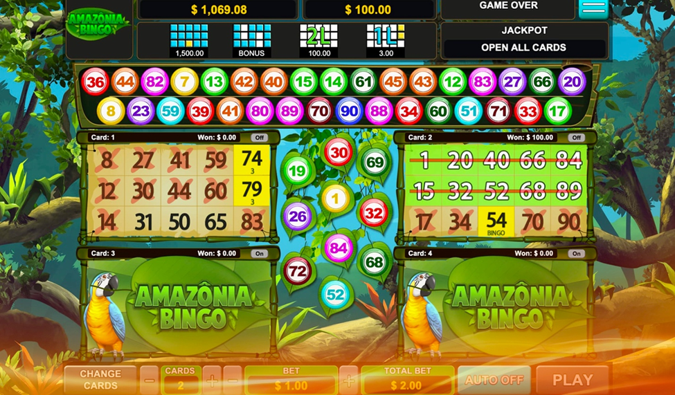 Amazonia Bingo game interface with multiple bingo cards, colorful numbers, and an Amazon jungle-themed background.