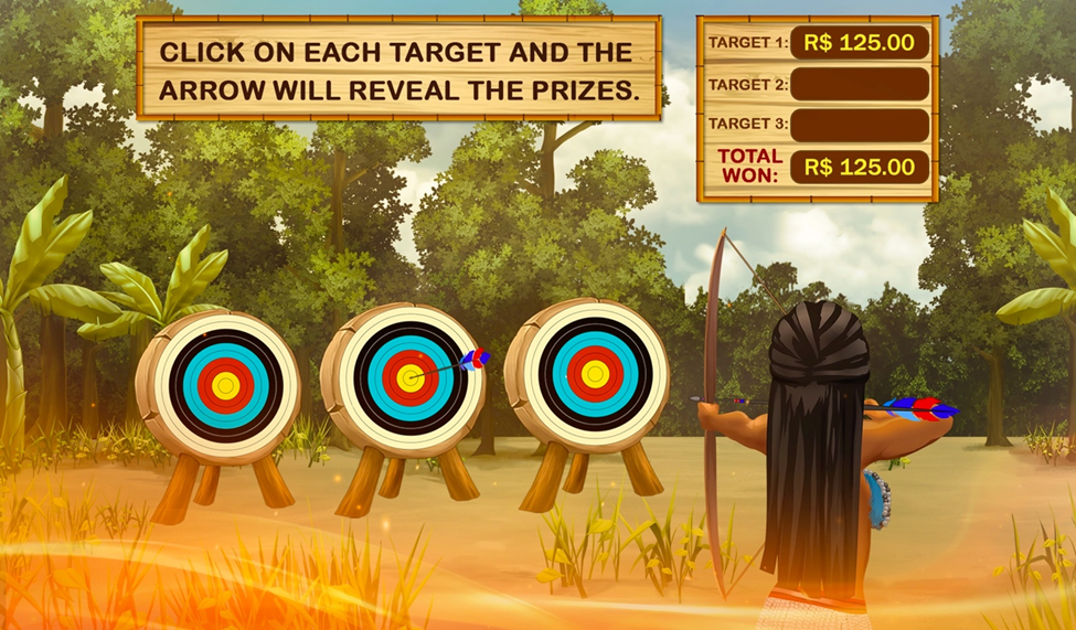 Tribo Bingo game showing an archer aiming at three target boards in a jungle setting, revealing prizes.