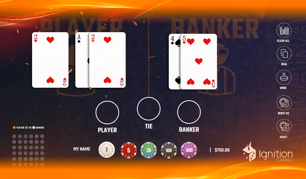 Screenshot of a virtual baccarat game interface showing cards for the Player and Banker’s hands with betting options.