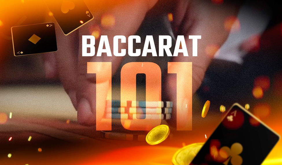 Banner image for Baccarat 101 featuring a player's hand stacking casino chips on a dimly lit table.