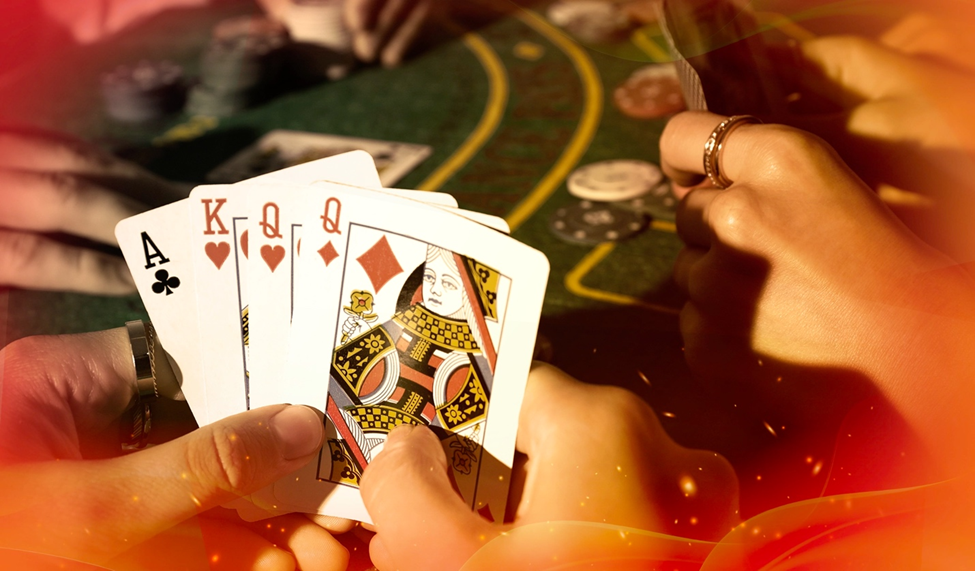 A poker player in action throwing chips onto a red poker table, with an Ace of Hearts card revealed.