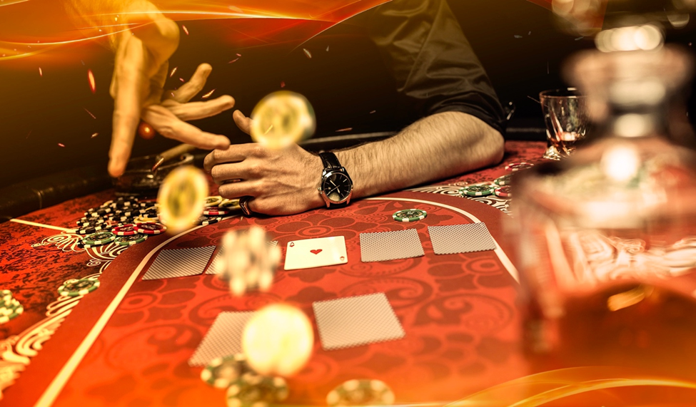 A poker player in action throwing chips onto a red poker table, with an Ace of Hearts card revealed.