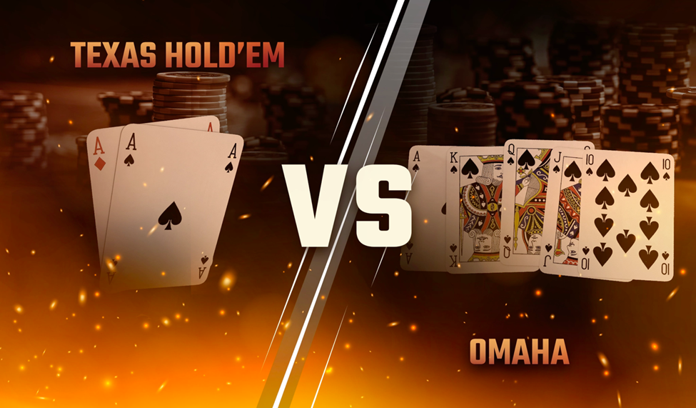 Split-screen comparison of Texas Hold'em with two aces and Omaha with four cards, against a backdrop of poker chips.