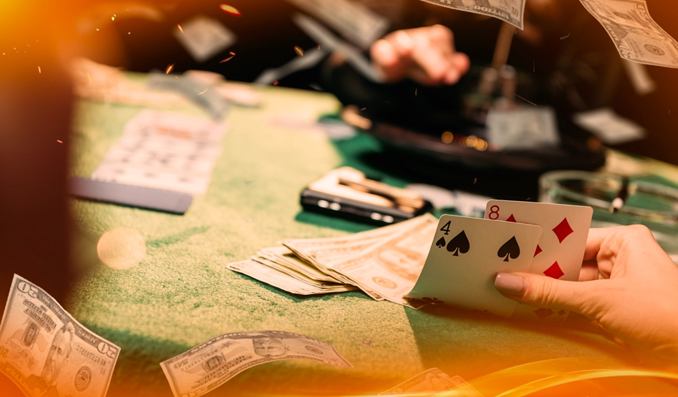 Poker table with scattered cash, cards, and a player holding the 4 of Spades and 8 of Diamonds under glowing light.