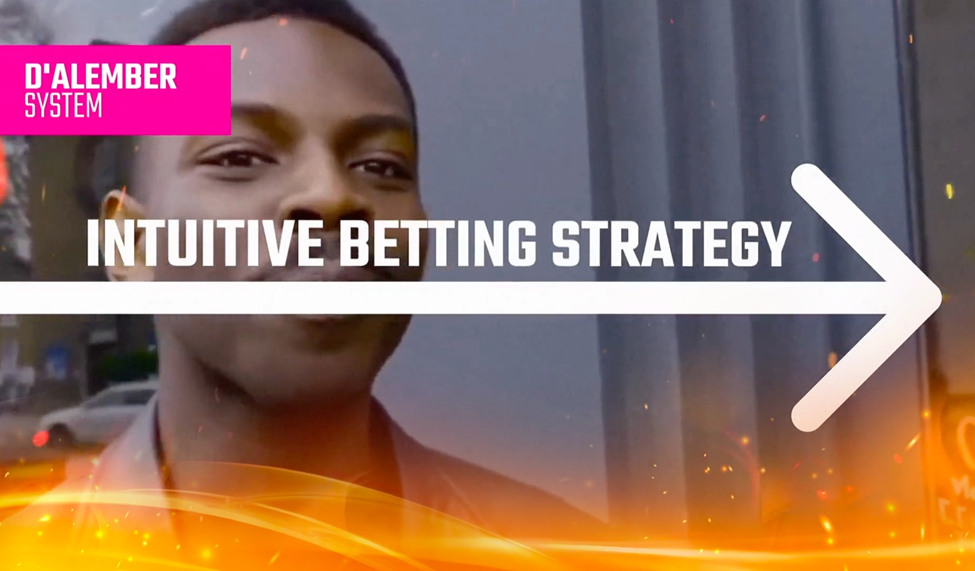 A smiling man on the right with the text “Intuitive betting strategy” and a pink header labeled "D'Alembert System."